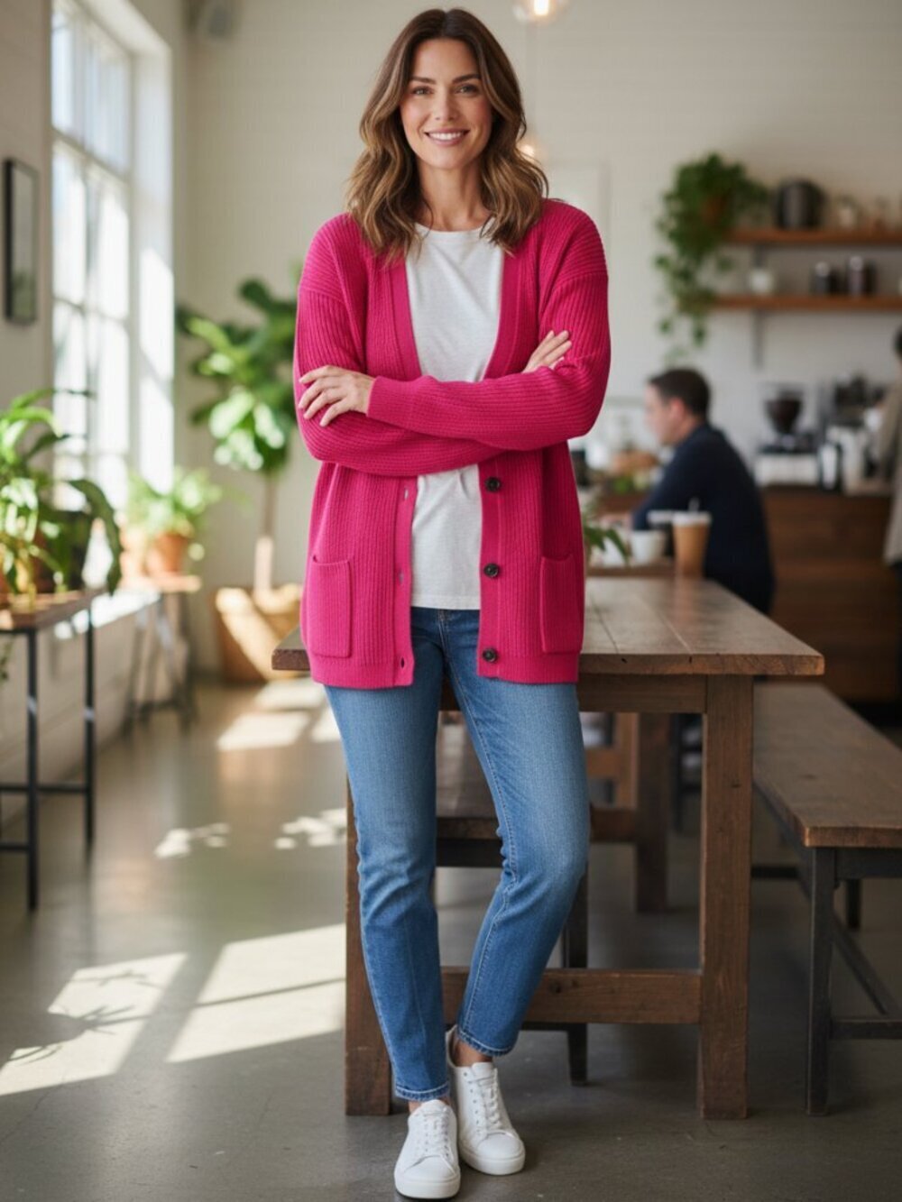 Lands' End 100% Cotton Cardigan Sweater‎ LP 14/16 Pink Berry, Vibrant